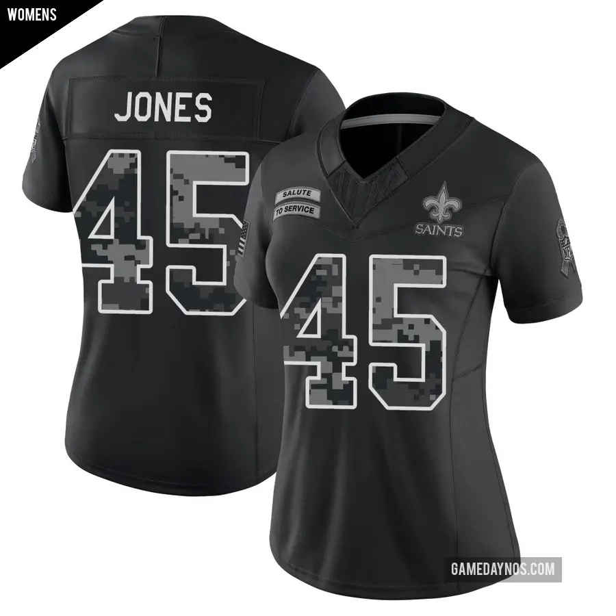 Women's New Orleans Saints ＃45 Deion Jones Black Limited 2026 Salute to Service Stitched Jersey