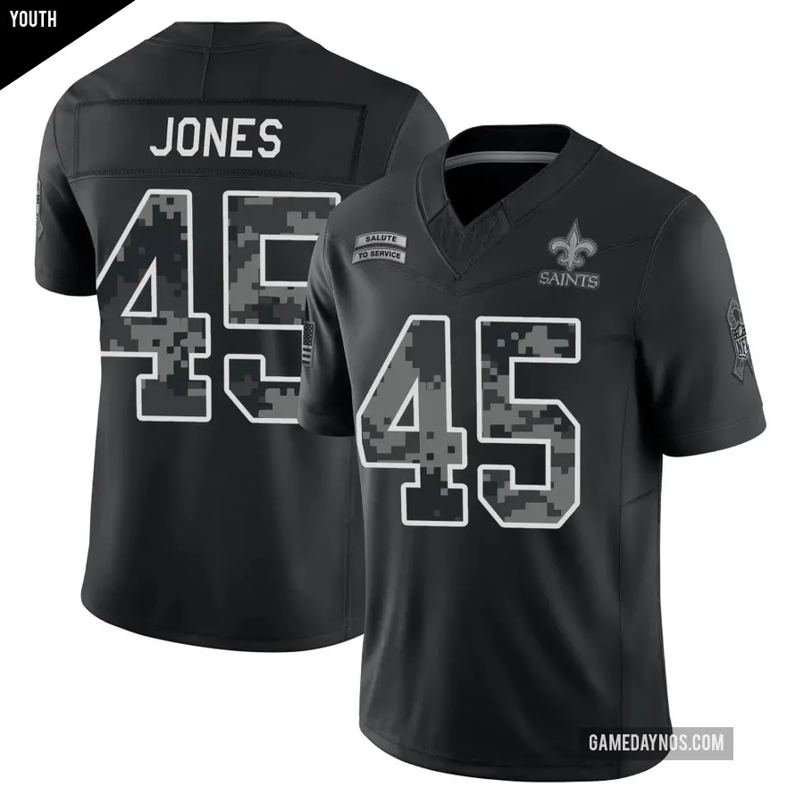 Youth New Orleans Saints ＃45 Deion Jones Black Limited 2026 Salute to Service Stitched Jersey