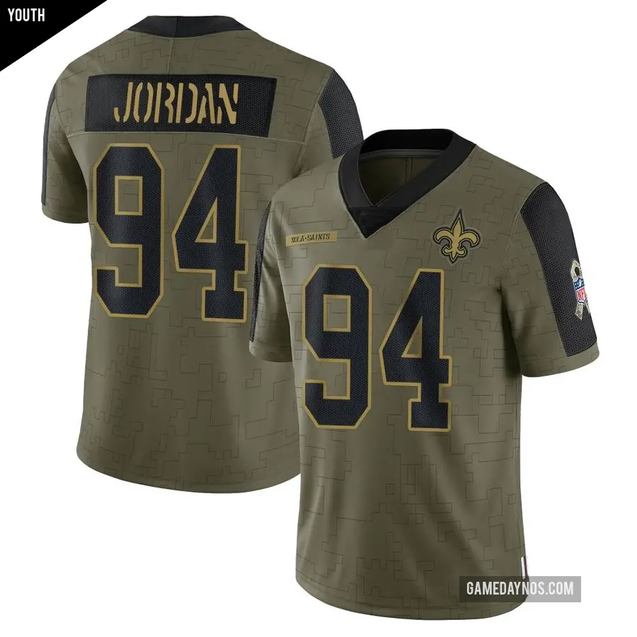 Youth New Orleans Saints ＃94 Cameron Jordan Olive Limited 2021 Salute To Service Jersey
