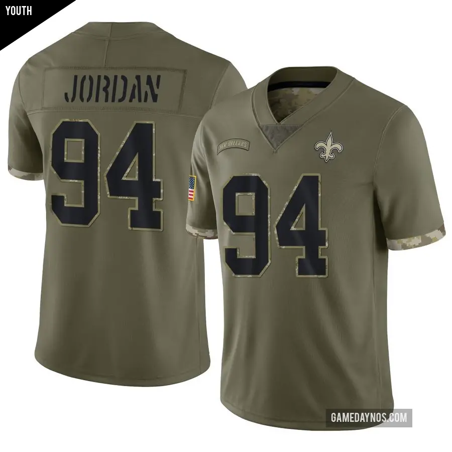 Youth New Orleans Saints ＃94 Cameron Jordan Olive Limited 2022 Salute To Service Jersey